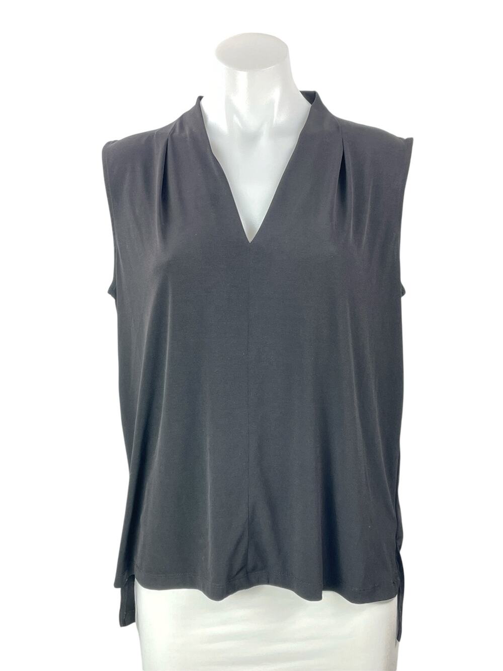Tahari Women's Black Sleeveless V Neck Pleated High Low Tank Blouse Top Size M